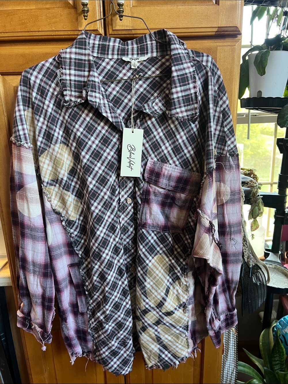 Blue Velvet Distressed Plaid Button-Up Oversized Shirt - Purple Plaid/Flowers